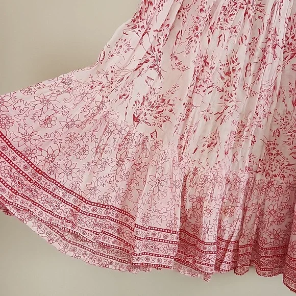 Vintage Prairie Cottagecore Feminine Midi Skirt Flowy Cotton Red White - Picture 2 of 4